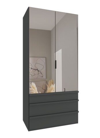 Falttürenschrank >OXFORD< in Grafit / Spiegel - 100x216x58cm (BxHxT)