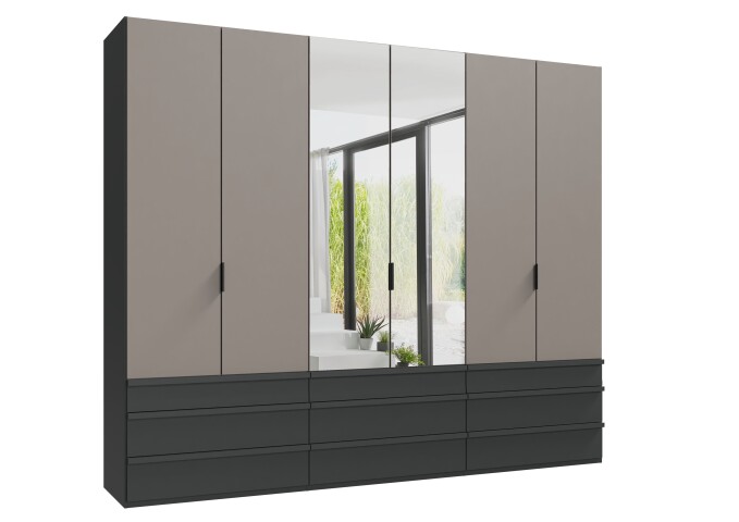 Falttürenschrank >OXFORD< in Graphit / Saharagrau / Spiegel - 300x236x58 (BxHxT)