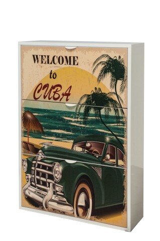 Schuhkipper >TWIN< in Weiß mit Cuba-Motiv, MDF weiß - 58x128,5x25cm (BxHxT)