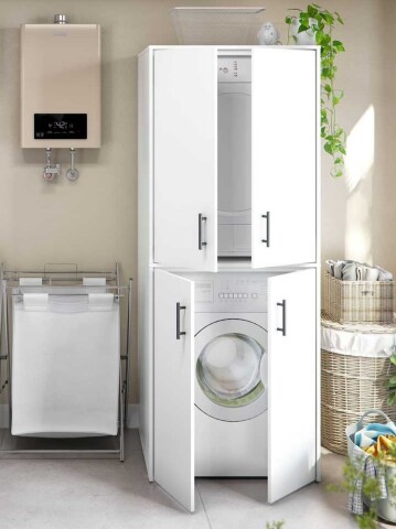 Waschmaschinenumbauschrank >LAUNDRY< (2-teilig) in weiss - 69x175x67 (BxHxT)
