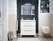 Waschtisch >LEA< in Weiß glänzend / Eiche Dekor - 80x86x45 (BxHxT)