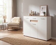 Sideboard >Volos< in weiß / Artisan Eiche Dekor - 118x91x35 (BxHxT)