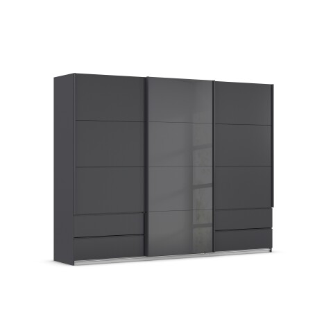 Schwebetürenschrank >Elara< in grau metallic / Glas basalt - 271x210x62 (BxHxT)