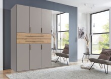 Drehtürenschrank >DIGIT< in SAHARAGRAU / EICHE / SPIEGEL - 225x208x58cm (BxHxT)