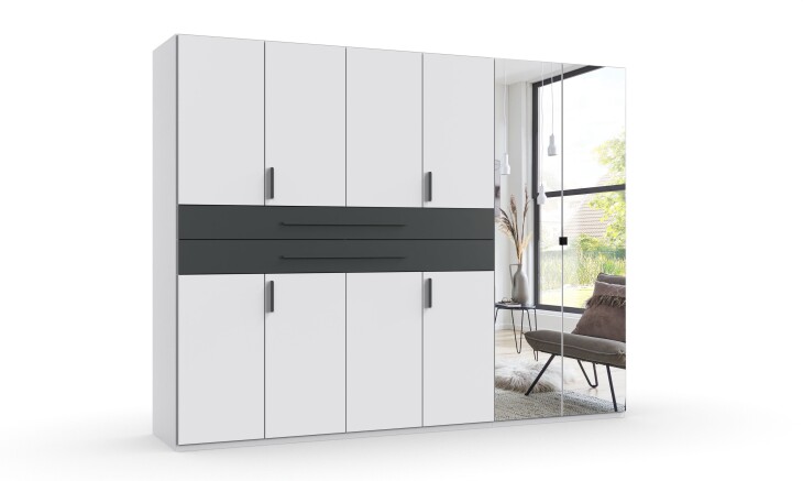 Drehtürenschrank >DIGIT< in WEISS / SCHWARZ / SPIEGEL - 270x208x58cm (BxHxT)