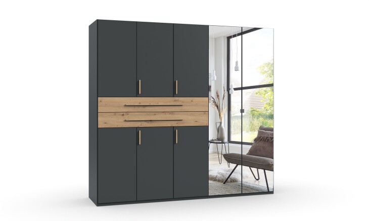 Drehtürenschrank >DIGIT< GRAFIT / ARTISAN EICHE DEKOR / SPIEGEL - 225x208x58cm (BxHxT)