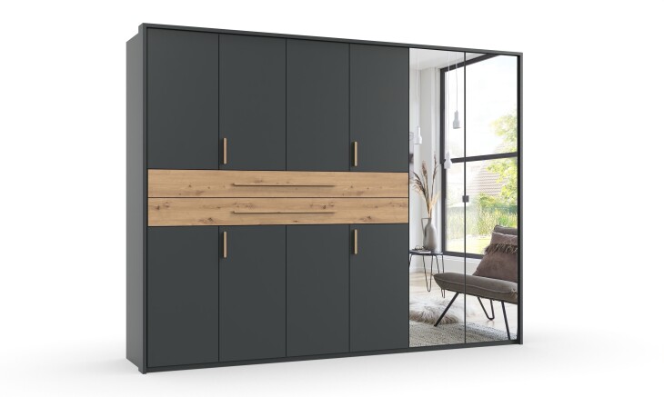 Drehtürenschrank >DIGIT< GRAFIT / ARTISAN EICHE DEKOR / SPIEGEL - 270x208x58 (BxHxT)