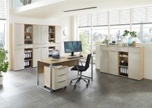 Kommode >Santorin< in Riva Eiche / Cashmere, Melamin + Glas - 80x110x38 (BxHxT)