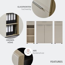 Kommode >Santorin< in Riva Eiche / Cashmere, Melamin + Glas - 80x110x38 (BxHxT)