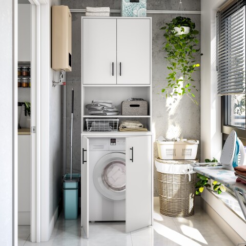 Waschmaschinenumbauschrank >Laundry< (2er-Set) in Weiß - 73x206x67 (BxHxT)
