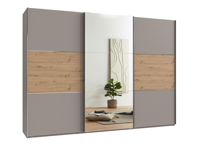 Schwebetürenschrank >indiana A< SAHARAGRAU / ARTISAN / SPIEGEL - 300x216x65cm (BxHxT)