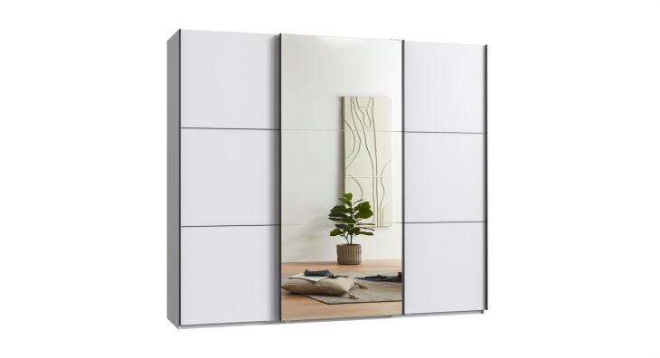 Schwebetürenschrank >indiana A< in WEISS / SPIEGEL  - 250x216x65cm (BxHxT)