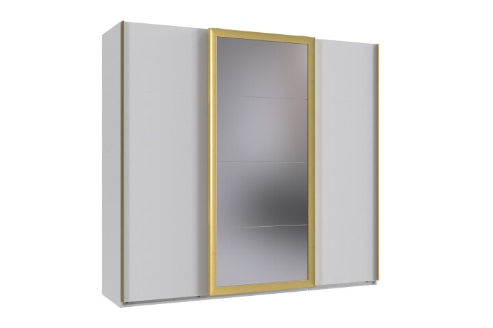 Schwebetürenschrank >KATAR< in WEISS + GOLD MATT - 225x208x64cm (BxHxT)