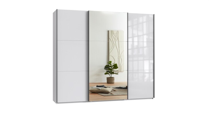 Schwebetürenschrank >indiana C< in WEISS + GLAS / SPIEGEL - 250x216x65cm (BxHxT)
