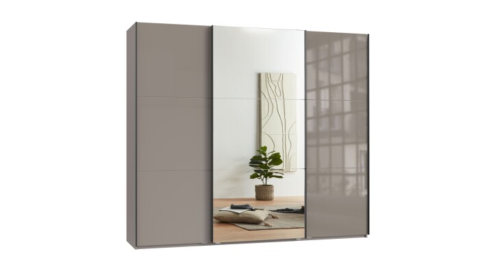 Schwebetürenschrank >indiana C< in SAHARAGRAU + GLAS / SPIEGEL - 250x216x65cm (BxHxT)