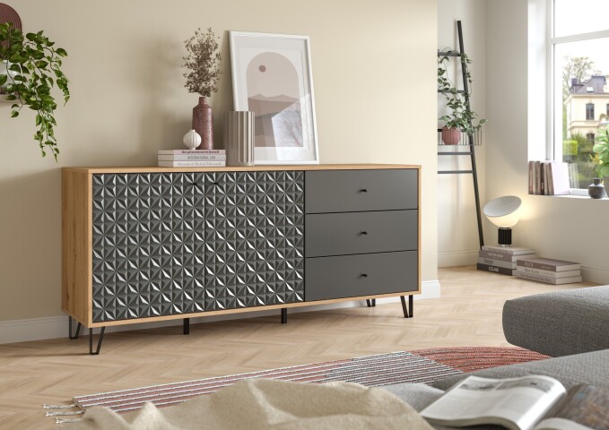 Sideboard >Prisma< in Artisan Oak / Anthrazit matt - 170x76x40cm (BxHxT)
