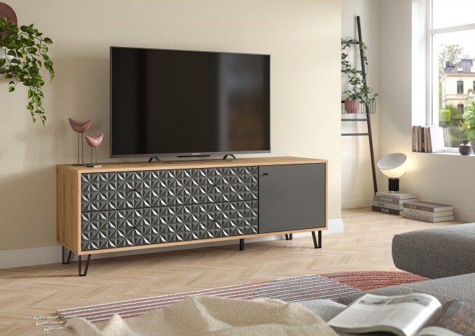 Lowboard >Prisma< in Artisan Oak / Anthrazit matt - 164x56x40cm (BxHxT)