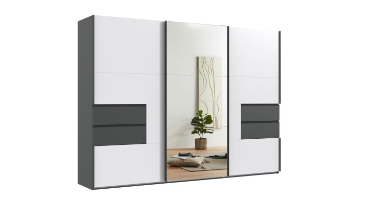 Schwebetürenschrank >palermo< in WEISS / SPIEGEL + GRAPHIT - 300x216x65 (BxHxT)