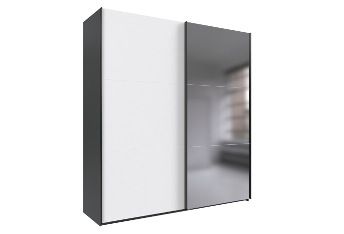 Schwebetürenschrank >palermo< in WEISS / SPIEGEL + GRAPHIT - 200x216x65 (BxHxT)