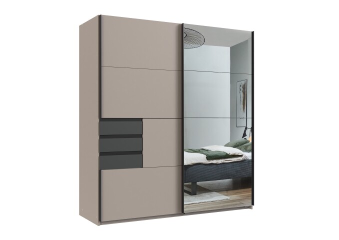 Schwebetürenschrank >OSNABRÜCK< SAHARAGRAU / GRAPHIT / SPIEGEL - 180x198x65cm (BxHxT)
