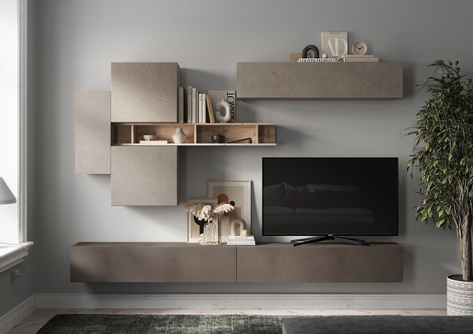 Wohnwand >Ilary< in Argilla / Bronzo / Eiche Cadiz Nachbildung, Holzwerkstoff
