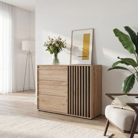 Kommode >ARANK< in Mauvella Eiche  / Schwarz - 117,8x84,9x41,7cm (BxHxT)
