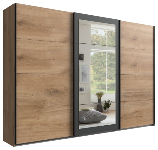 Schwebetürenschrank >EXTER< PLANKENEICHE Dekor + GRAPHIT + SPIEGEL - 270x208x65 (BxHxT)