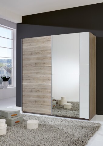 Schwebetürenschrank >STRIPE< in EICHE DEKOR + WEISS + SPIEGEL - 179x198x65cm (BxHxT)