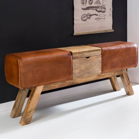 Sitzbank >WL5.098< in Braun, Echtleder / Massivholz Mango - 120x53x29cm (BxHxT)
