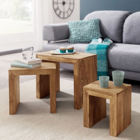Satztisch >MUMBAI< (3-teilig) in Braun, Massivholz - 45x50x30cm (BxHxT)