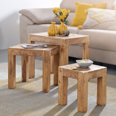 Satztisch >MUMBAI< (3-teilig) in Akazie, Massivholz - 50x45x36cm (BxHxT)