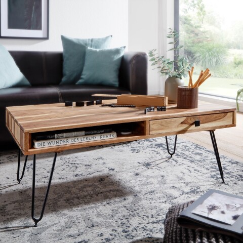 Couchtisch >BAGLI< mit Schublade, Akazie / schwarz - 110x40x60 (BxHxT)