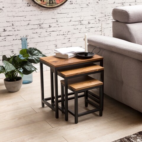 Satztisch >AKOLA< (3-teilig) in Sheesham, Massivholz - 45x45x30cm (BxHxT)