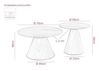 Couchtisch >Dustin< 2er Set, Marmor Graumatt, Kegelfuß - Ø 70x46 cm + Ø 50x40 cm