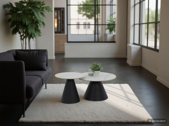 Couchtisch >Dustin< 2er-Set, Marmor Weiß, Kegelfuß - Ø 70x46 cm + Ø 50x40 cm