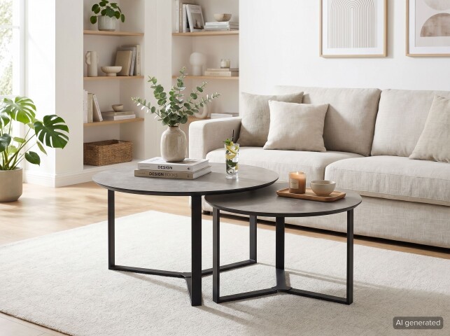 Couchtisch >Massa< (2er-Set) in Beton Dekor / schwarz - Ø 80 und Ø 60 cm