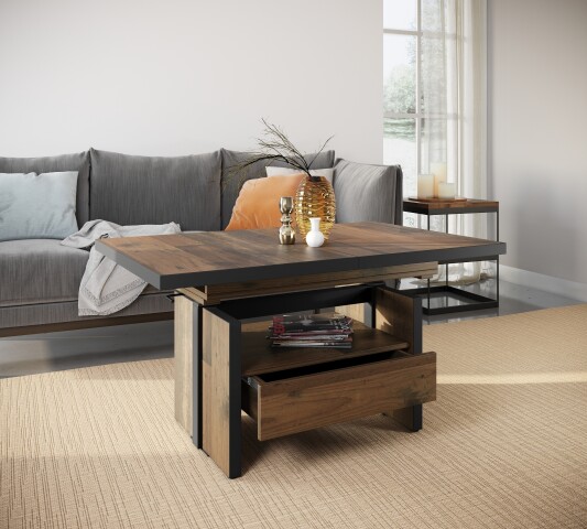 Couchtisch >Noah< Funktionen, Oldwood Dekor, Schublade - 110-150x54-73x70 cm (B/H/T)