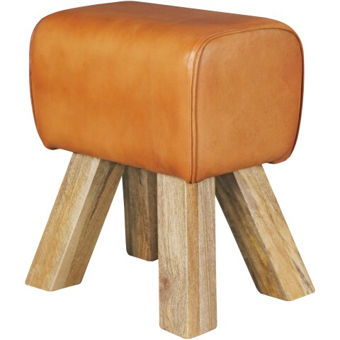 Sitzhocker >WL5.108< in Braun, Massivholz Mango / Echtleder - 40x47x30cm (BxHxT)