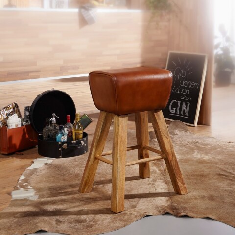 Polsterhocker >WL6.011< in Braun, Echtleder / Massivholz - 43x75x43cm (BxHxT)
