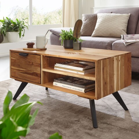 Couchtisch >WL6.154< in Akazie, Massivholz / Metall - 95x45x45cm (BxHxT)