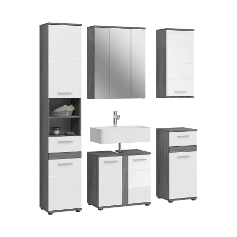 Badezimmer-Set >Blake< in Rauchsilber/Weiß hochglanz - 164x191x34cm (BxHxT)