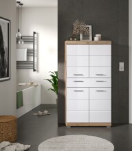 Hochschrank >Wave< in Nox Oak Nachbildung/Weiß hochglanz - 74x141x31cm (BxHxT)