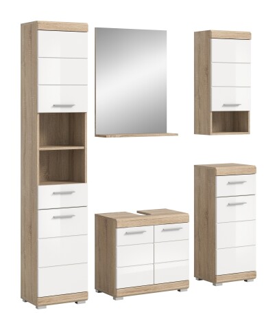 Badezimmer-Set >Lambada< in Eiche Dekor / Weiß hochglanz - 164x191x34cm (BxHxT)