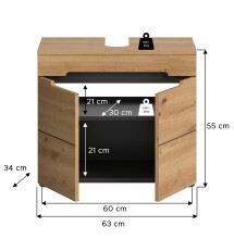 Waschbeckenunterschrank >Canu< in Basalt /Artisan Eiche Dekor - 63x55x34 (BxHxT)