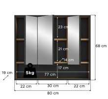 Badezimmerspiegelschrank >Bagno< in Eiche Dekor / Spiegel - 80x68x19cm (BxHxT)