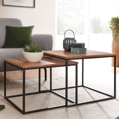 Satztisch >WL6.364< (2-teilig) in Akazie, Massivholz / Metall - 60x46x60 (BxHxT)