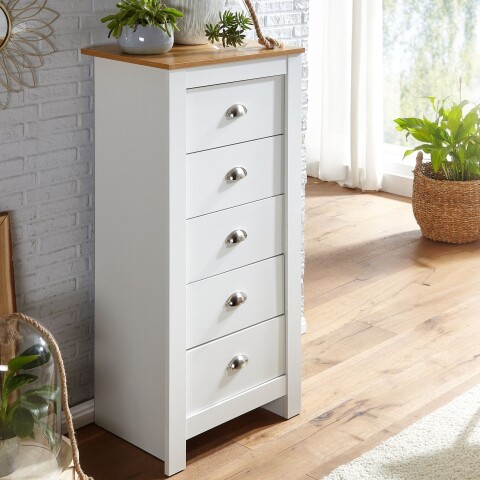 Schubkastenkommode >WL6.379< in Weiß / Eiche Dekor - 53x114x39 (BxHxT)