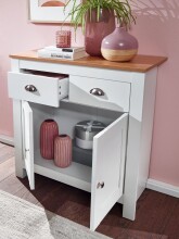 Kommode >WL6.387< in Weiß / Eiche Dekor, Holzwerkstoff - 79x81x35cm (BxHxT)