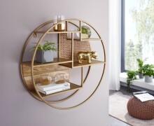 Wandregal >WL6.476< in gold, Metall + Mango / Rattan - 17x62cm (TxD)
