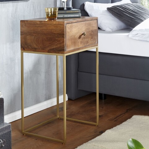 Nachtkonsole >WL6.478< in Mango / Gold, Massivholz / Metall - 40x75x35cm (BxHxT)